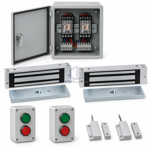 STJH relay two-door interlock kit with control enclosure and paired status stations on white.