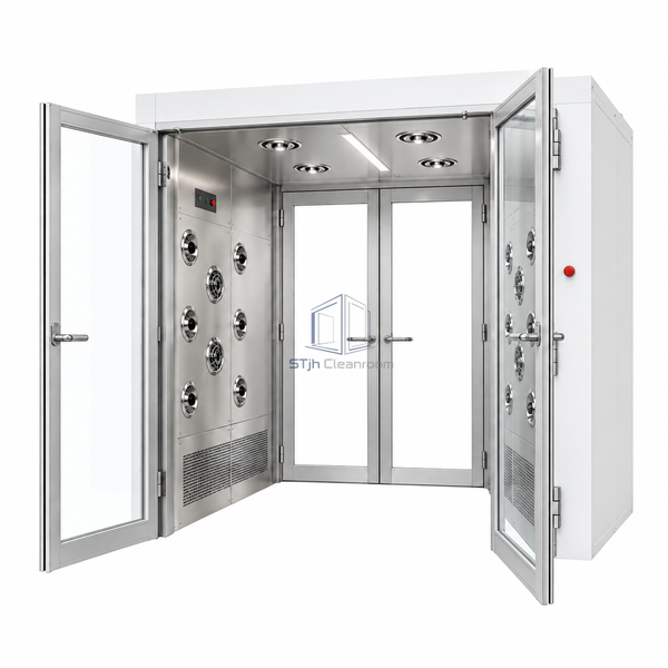 STjh wide floorless air shower with twin glazed doors, a 1370 mm passage, paired side nozzle panels and four overhead jets