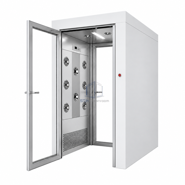 STjh floorless two-person air shower with a 1500 mm deep passage, six guarded outer wall jets and two central adjustable jets