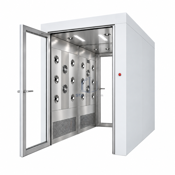 STjh 2000 mm deep floorless air shower showing two sequential wall nozzle banks, four ceiling jets and an open glazed entrance door