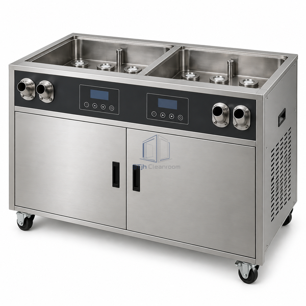 STjh 18 kg/h ultrasonic humidifier with two stainless reservoirs and dual mist outlet groups on white.