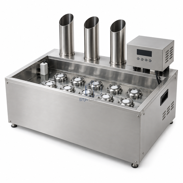 STjh 9 kg/h ultrasonic humidifier with a larger transducer array and broad stainless reservoir on white.