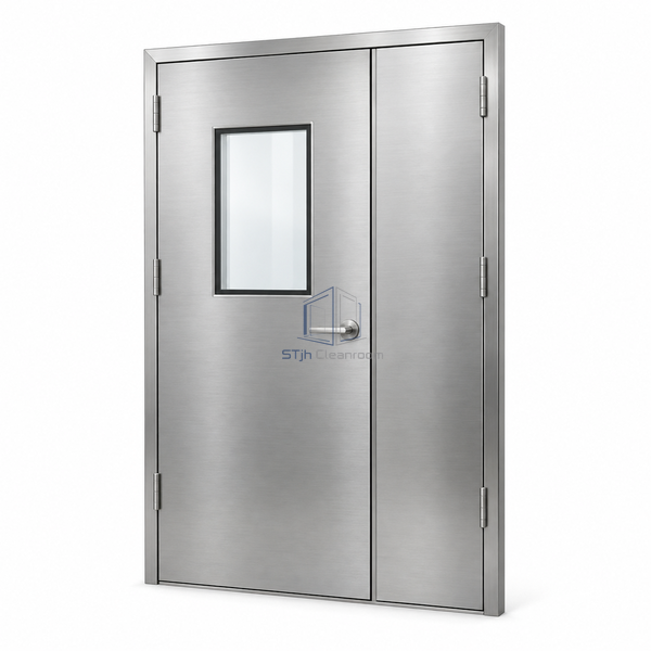 STjh 1200 mm stainless unequal cleanroom door on white with a rectangular window in the broad main leaf and a narrow solid companion leaf.
