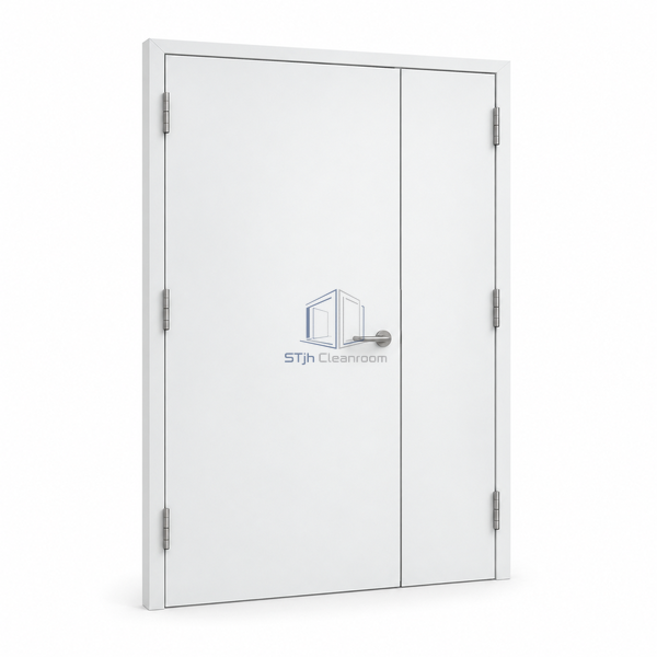 STjh 900 plus 300 mm unequal cleanroom door on white with one broad opaque leaf and a distinctly narrow secondary blade.