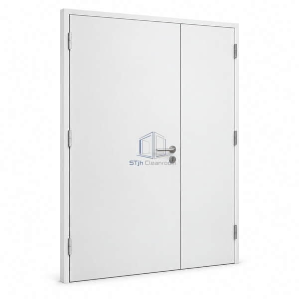 STjh 900 plus 600 mm unequal steel cleanroom door on white with two opaque leaves in a clear three-to-two width ratio.