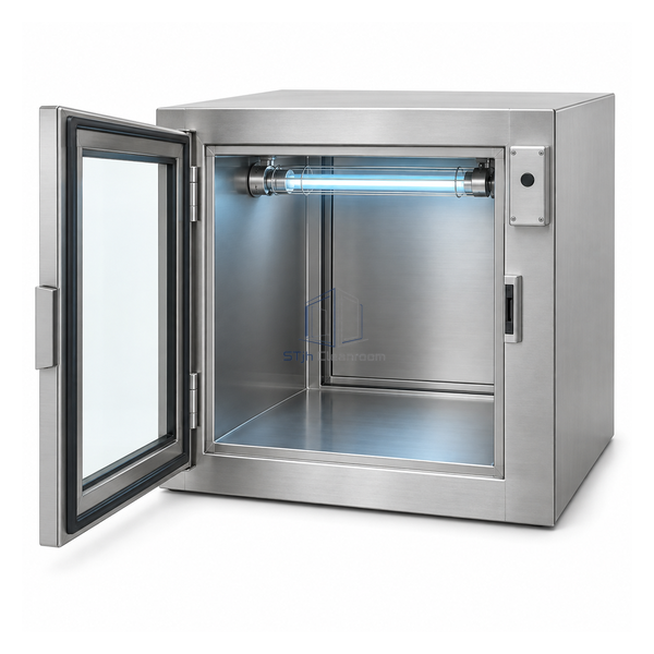 STjh compact 500 mm static 304 stainless UV-C pass box with open interlocked glass door and guarded 30 W lamp