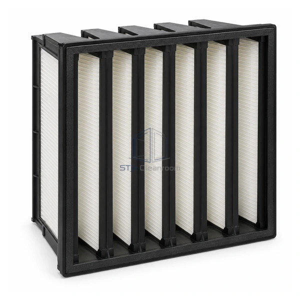 STJH-V-BANK-MEDIUM-FILTER-MERV14 black six-bank medium-efficiency filter on a white background