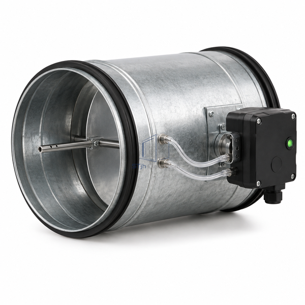 STJH-VARIABLE-AIR-VOLUME-CONTROL-DAMPER-DN200 white-background main view showing medium circular inlet and pressure pickup