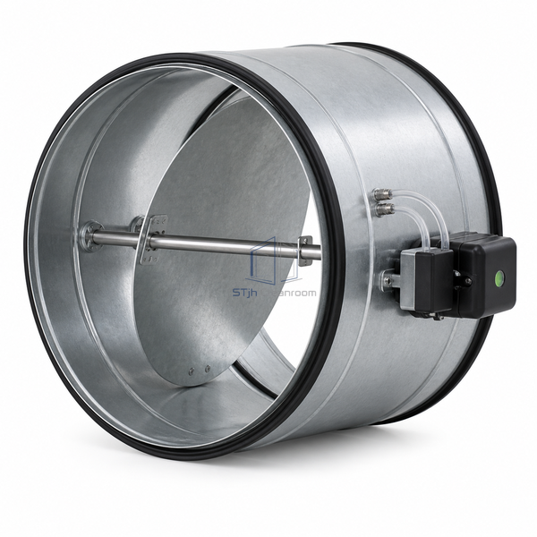 STJH-VARIABLE-AIR-VOLUME-CONTROL-DAMPER-DN400 white-background main image of broad-bore VAV damper and side actuator