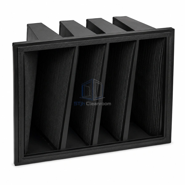 STJH-VBANK-CARBON-FILTER-592X490 black molded molecular filter showing recessed carbon pleat channels