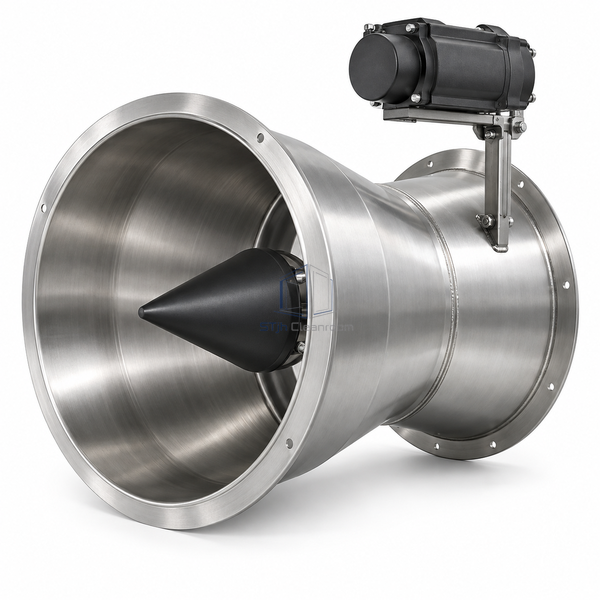 STJH-VENTURI-AIRFLOW-CONTROL-VALVE-12IN-SINGLE white-background main image showing enlarged Venturi throat and drive rail