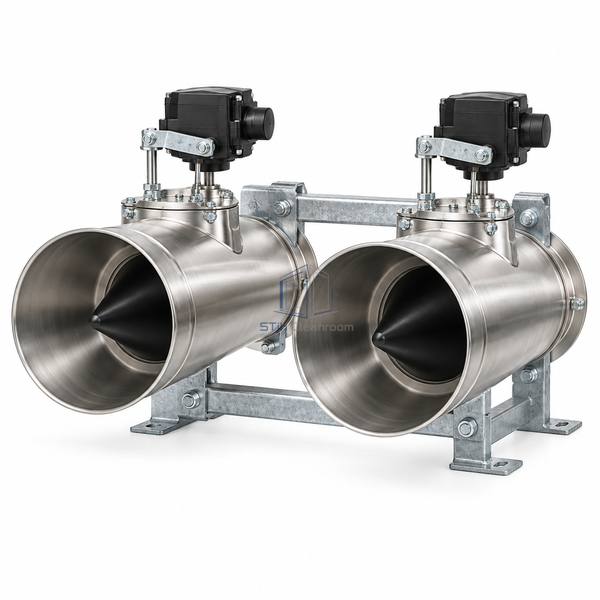 STJH-VENTURI-AIRFLOW-CONTROL-VALVE-DUAL12 white-background main view of two parallel stainless valve bodies