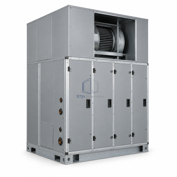 STjh 10500 CFM vertical air handling unit with a tall wide cabinet and large blower section on white.