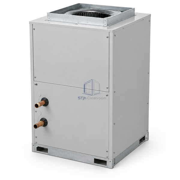 STjh 1500 CFM vertical air handling unit with a compact upright coil cabinet and pipe connections on white.