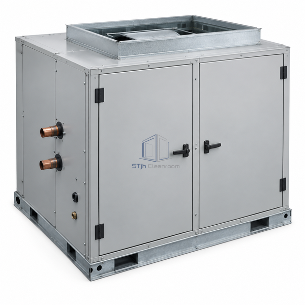 STjh 5000 CFM vertical air handling unit with a broad coil face and enlarged upper fan deck on white.