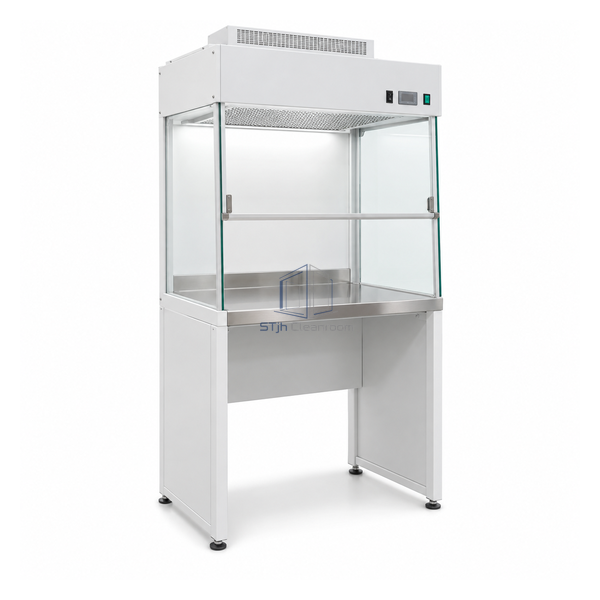STjh compact 2 foot vertical clean bench with top HEPA housing, downflow diffuser and glass side panels