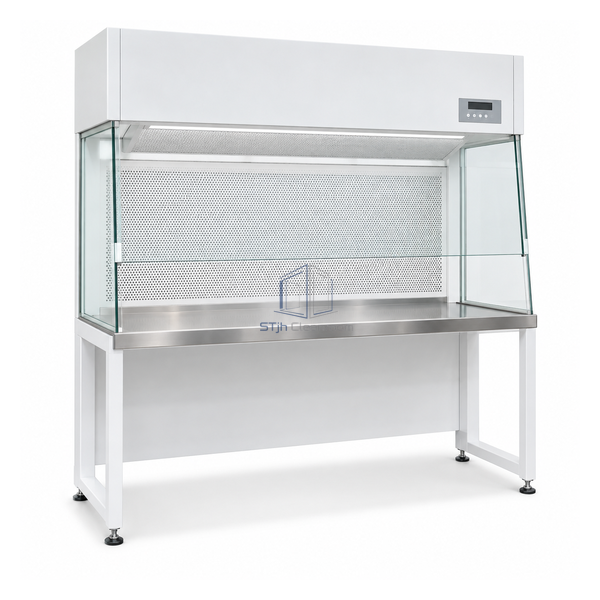 STjh standard 4 foot vertical clean bench with broad HEPA unit, front sash and stainless work surface