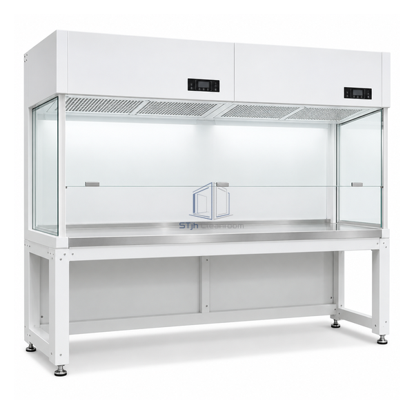 STjh extra-wide 6 foot vertical clean bench with two-section HEPA housing and dual-position work zone