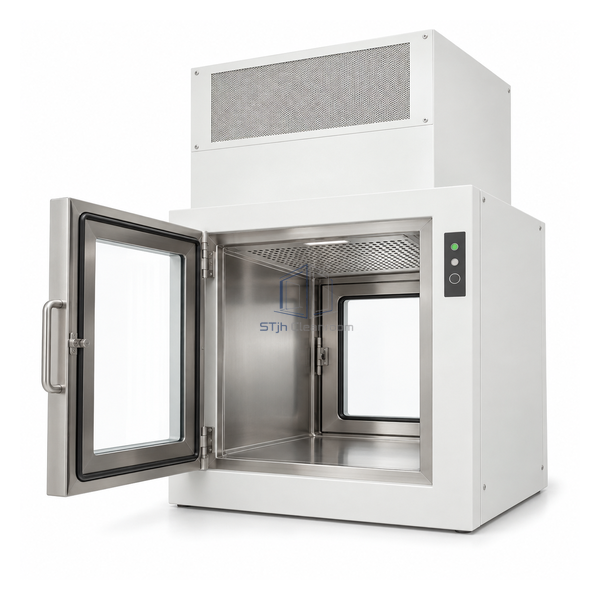 STjh compact 500 mm vertical unidirectional pass box with white outer cabinet, stainless chamber and top HEPA plenum