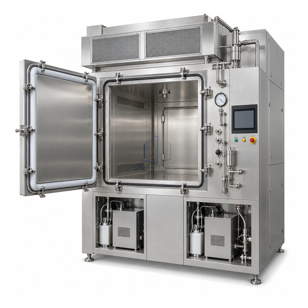 STjh large 1000 mm VHP pass box with oversized 316 stainless chamber, H14 housing and twin lower service bays