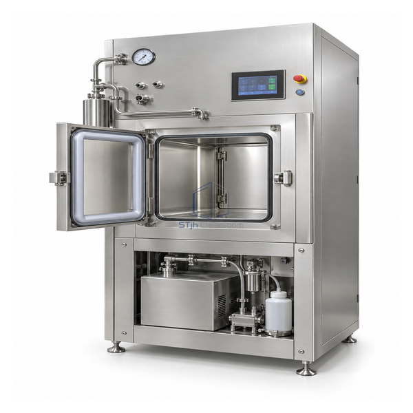 STjh compact 600 mm VHP biodecontamination pass box with 316 stainless chamber, H14 plenum and lower generator bay