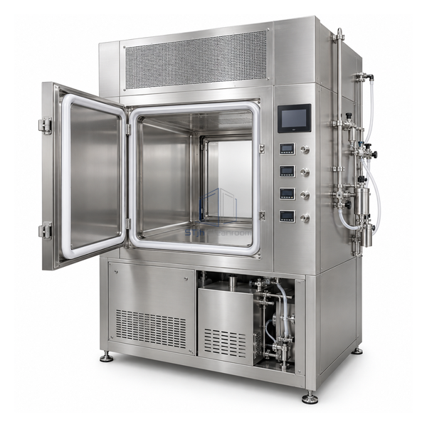 STjh medium 800 mm VHP pass box with broad stainless chamber, inflatable gasket and monitored process manifold