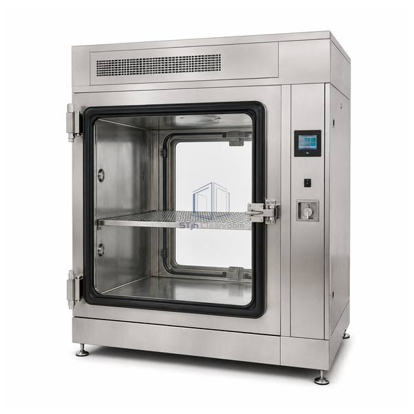 STjh 800 L VHP transfer chamber with a large sealed window door and perforated shelf on white