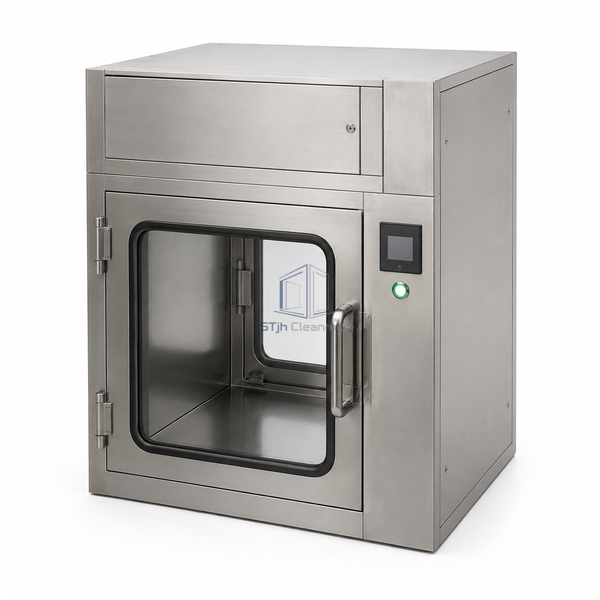STjh compact VHP transfer chamber with a sealed glass door and green status lamp on white