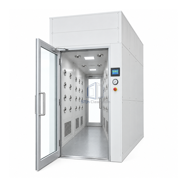 STjh tall two-section walk-through air shower tunnel with a high service plenum, dense bilateral nozzles and an open glazed door