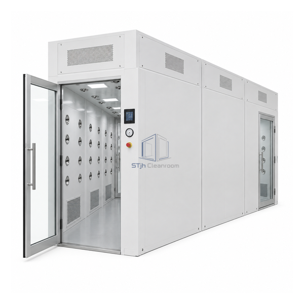 STjh three-section high-profile air shower tunnel with three upper service bays, dense wall nozzles and an open glazed entrance