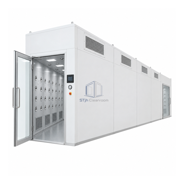 STjh four-section high-profile air shower tunnel with four vented service bays and a long continuous personnel passage