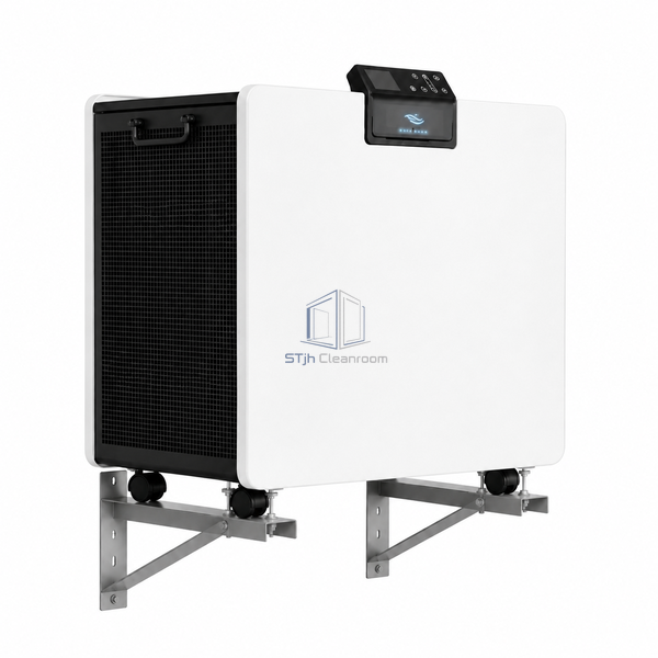 STjh wall-mount air purifier with a rounded white front, black side intake grille, raised control pod and under-base support brackets