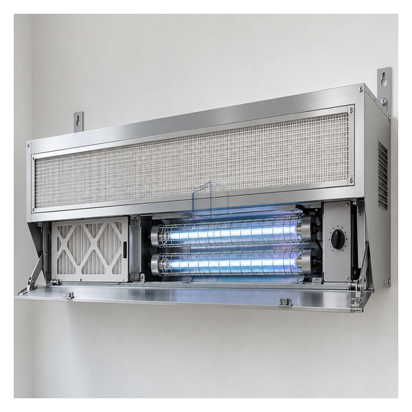 STjh low-profile 400 CFM wall purifier with anodized housing, HEPA grille and twin guarded UV-C lamps