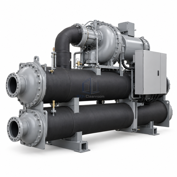 STjh 1055 kW water-cooled centrifugal chiller with compact shell-and-tube vessels and flanged water connections on white.