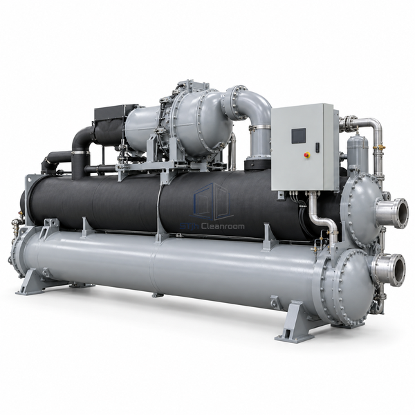 STjh 1407 kW water-cooled centrifugal chiller with extended horizontal heat-exchanger vessels on white.