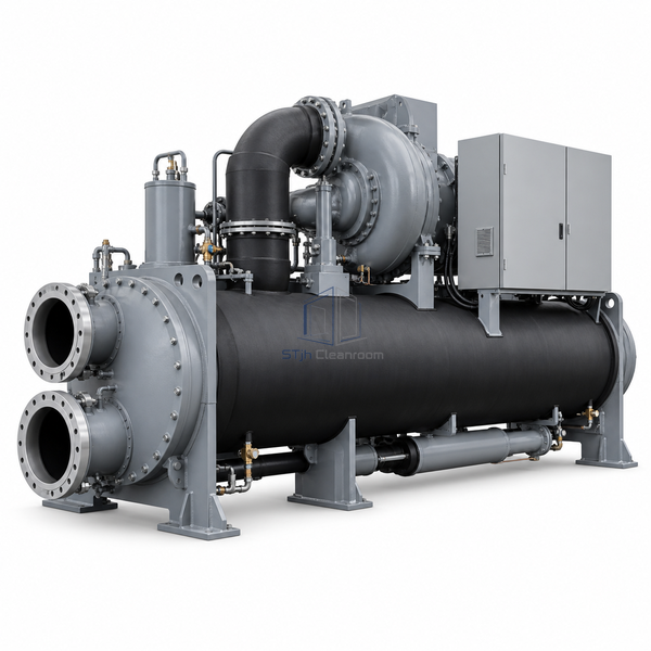STjh 2110 kW water-cooled centrifugal chiller with a wider vessel frame and large evaporator flange on white.