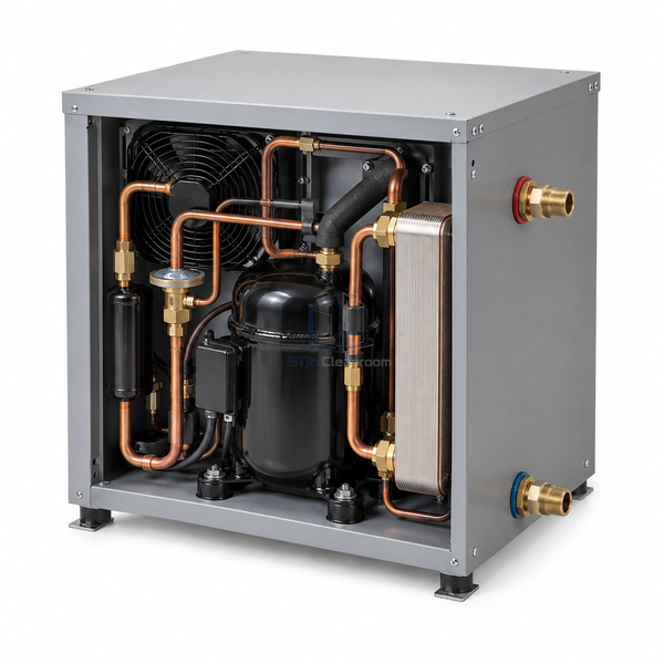 STjh 12000 Btu/h water-cooled condensing unit with a compact compressor and small plate condenser on white.
