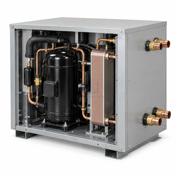 STjh 36000 Btu/h water-cooled condensing unit with a taller plate condenser and medium compressor package on white.