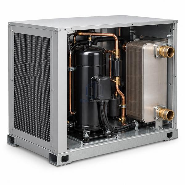 STjh 60000 Btu/h water-cooled condensing unit with a large compressor and broad plate-condenser package on white.