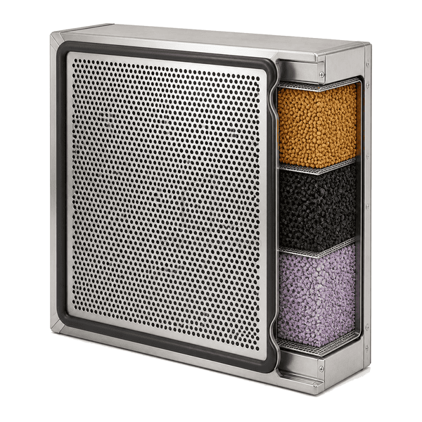 Side cutaway showing packed activated alumina and carbon pellets