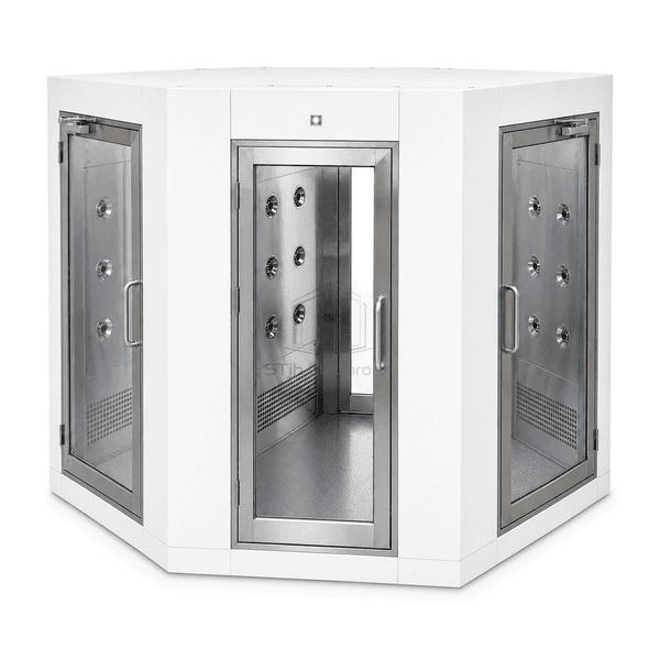 Complete three-door cleanroom air shower with two visible exit doorways