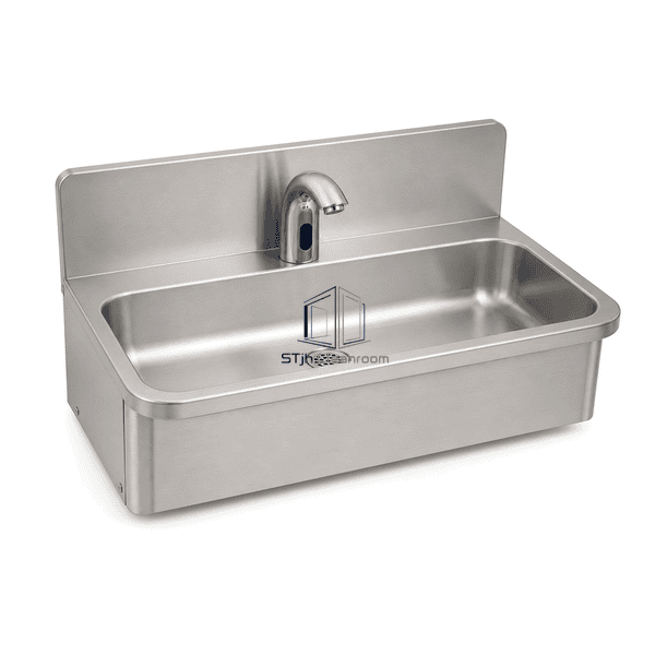 Complete horizontal presentation of the stainless sensor sink with faucet and drain arrangement