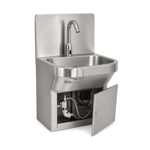 Complete rear interface view of the touchless sink showing sensor faucet, solenoid and utility connections