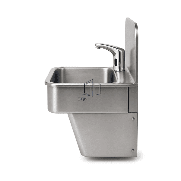 Side view of the cleanroom hand wash sink showing bowl depth and concealed service housing
