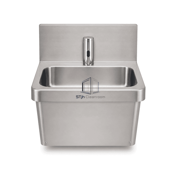 Front view of the touchless hand washing sink showing the deep radiused basin and splashback