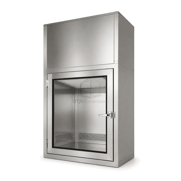 Vertical unidirectional-flow pass box with tall upper fan-filter housing