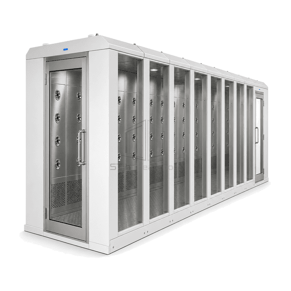 Long walk-through cleanroom air shower tunnel in three-quarter perspective