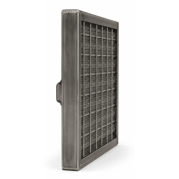 Side section showing layered steel mesh depth inside a reinforced frame